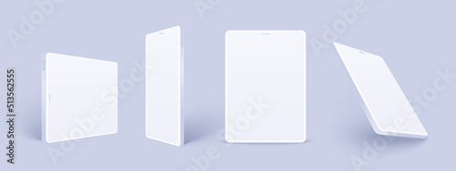 White tablet mockup isolated with shadow. 3D clay pad template set in different angles, vertical and horizontal tab with blank screen. Realistic ebook concept for web design or ux app.