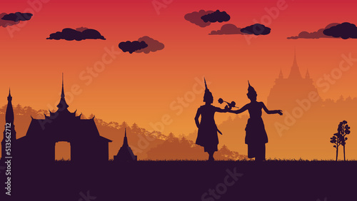 silhouette of traditional Thai Dance and temple at Thailand on gradient background
