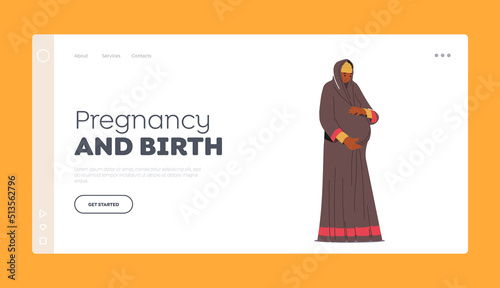 Pregnancy and Birth Landing Page Template. Arab Pregnant Woman, Beautiful Young Mother in Traditional Dress Hold Belly