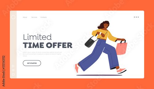Limited Time Offer Landing Page Template. Student, Office Worker, Businesswoman Character Hurry, Running Girl
