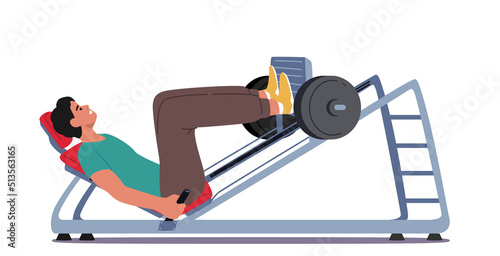 Sport Activity, Fitness. Sportsman Powerlifter Training Legs Lying on Press Bench in Gym. Character Workout with Weight