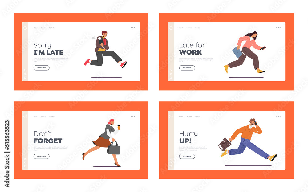 People Late in Office Landing Page Template Set. Characters Hurry at Work due to Oversleep or Traffic Jam