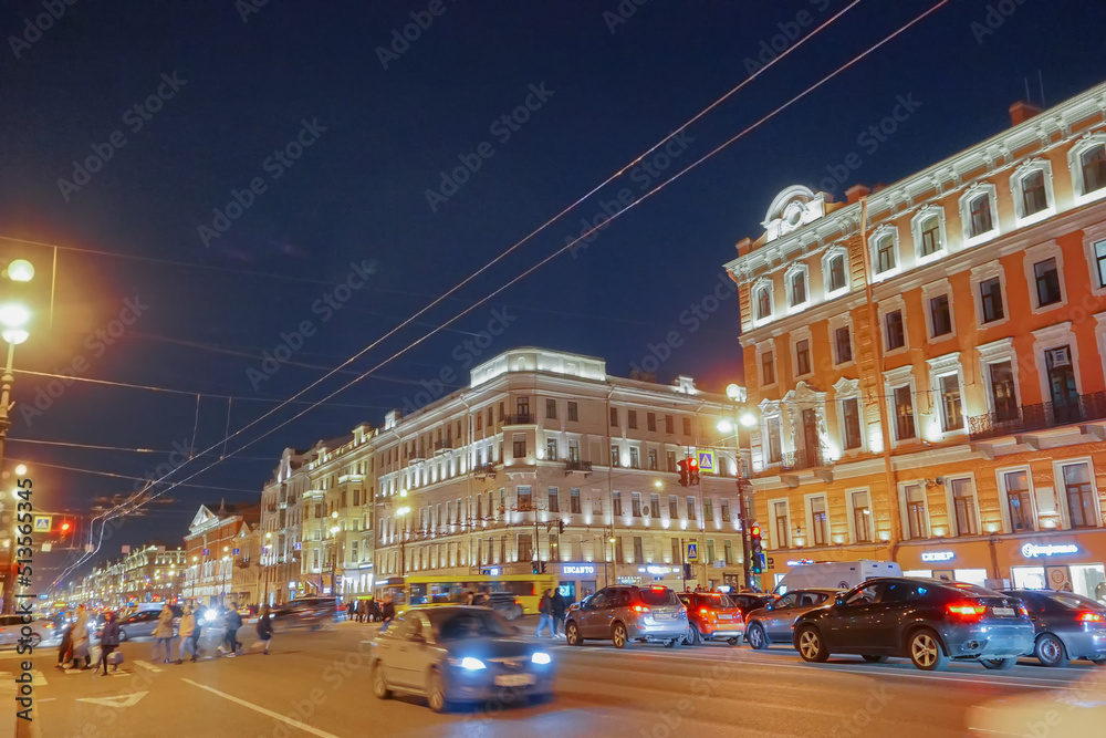 ST. PETERSBUG, RUSSIA - APRIL 28TH 2018 : Night image of street of St. Petersburg , Russia's beautiful cultural capital city, It was known as Petrograd, Leningrad earlier. A tourist attraction.