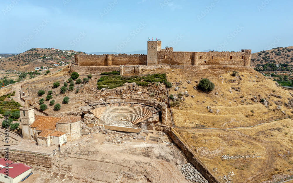 View of the Castle, Roman theater and Church of Santiago Apostol in Medellin, a Spanish municipality in the province of Badajoz, Extremadura. Spain