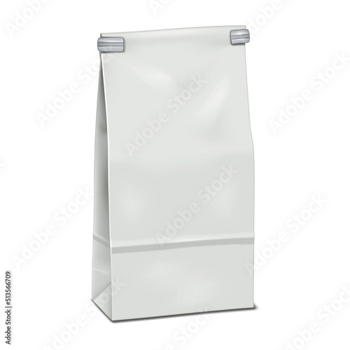 Blank white tin tie paper bag vector mockup. Reclosable packaging pouch for coffee, tea, snacks and other food products realistic mock-up