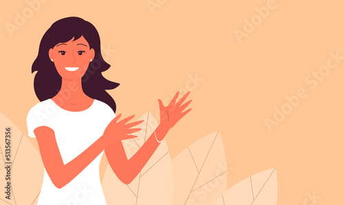Portrait of young happy woman. A welcoming smile on your face. Makes a speech. Hand gesture. Business consultant girl. Flat vector illustration. Background with empty space for text