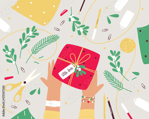 Christmas gift wrapping on the table, top view. Preparing to celebrate Christmas or New Year. Top view table with scissors, decoration and tree branches. Flat vector illustration
