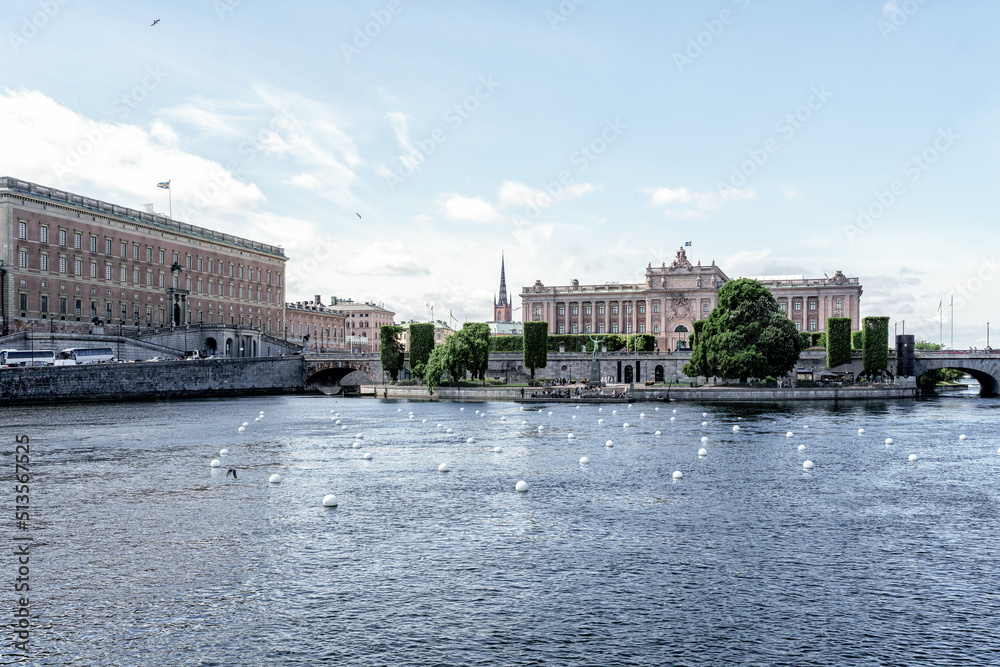 Norrström (lake Mälaren's primary outlet in the Baltic Sea in central Stockholm) with the Royal Palace on the left, Sweden's Parliament house and the medieval museum straight ahead.