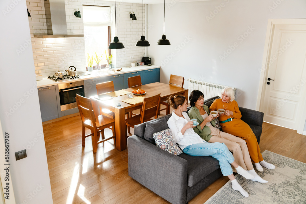 Mature three women talking and drinking tea while sitting on sofa Mature three women talking and drinking tea while sitting on sofa