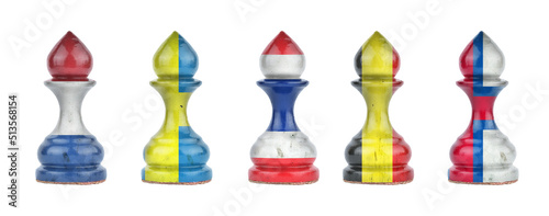 Pawns in the colors of the flag of different countries. Isolated on a white background. Sport. Politics. Business.