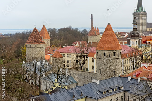 High angle view on the medieval city walls of tallinn, estonia