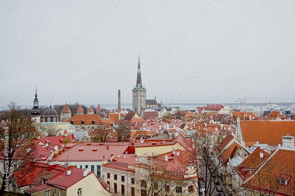 High angle view of downtown Tallinn, Estonia, showing gothic church towers and medieval city walls and houses with orange tiled roofs. 