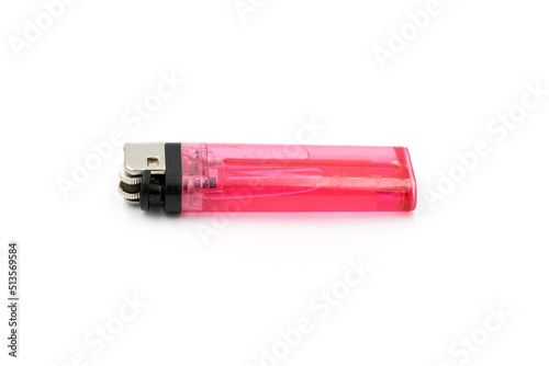  Close-up red gas lighter isolated on the white background.
