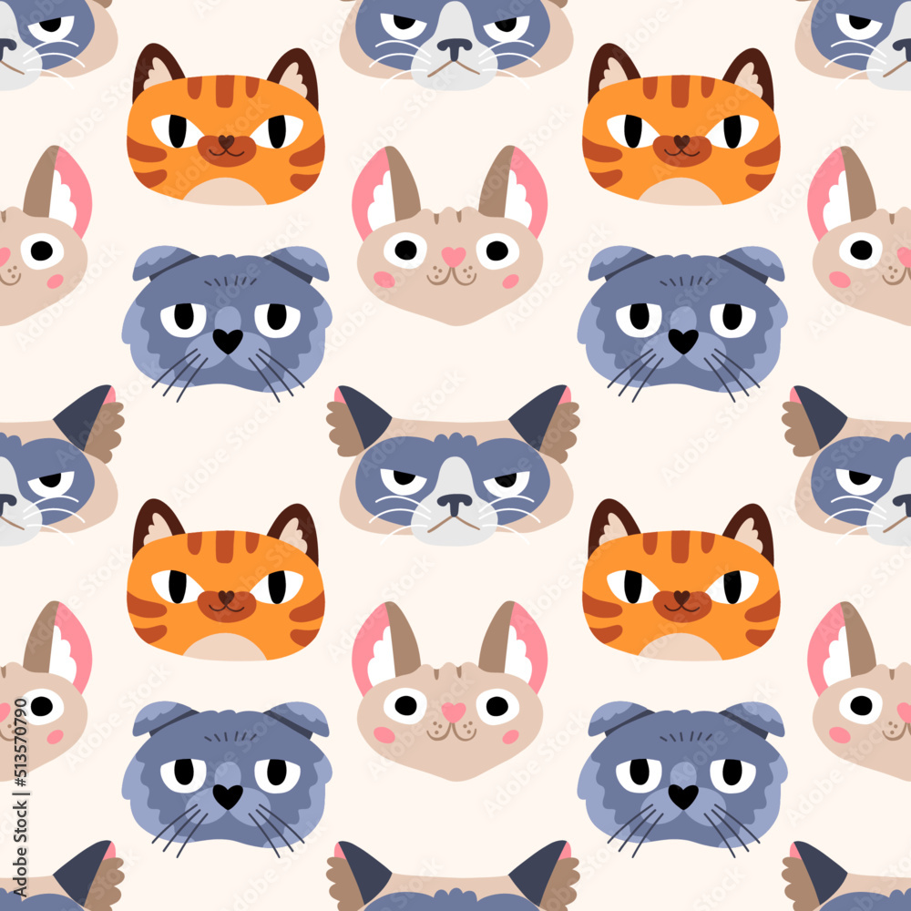 Fototapeta premium Seamless vector pattern with cats. Colorful texture with funny animal faces for prints, fabrics, backgrounds and children industries. Surface design. Cat's day. Hand drawn flat doodle illustration 