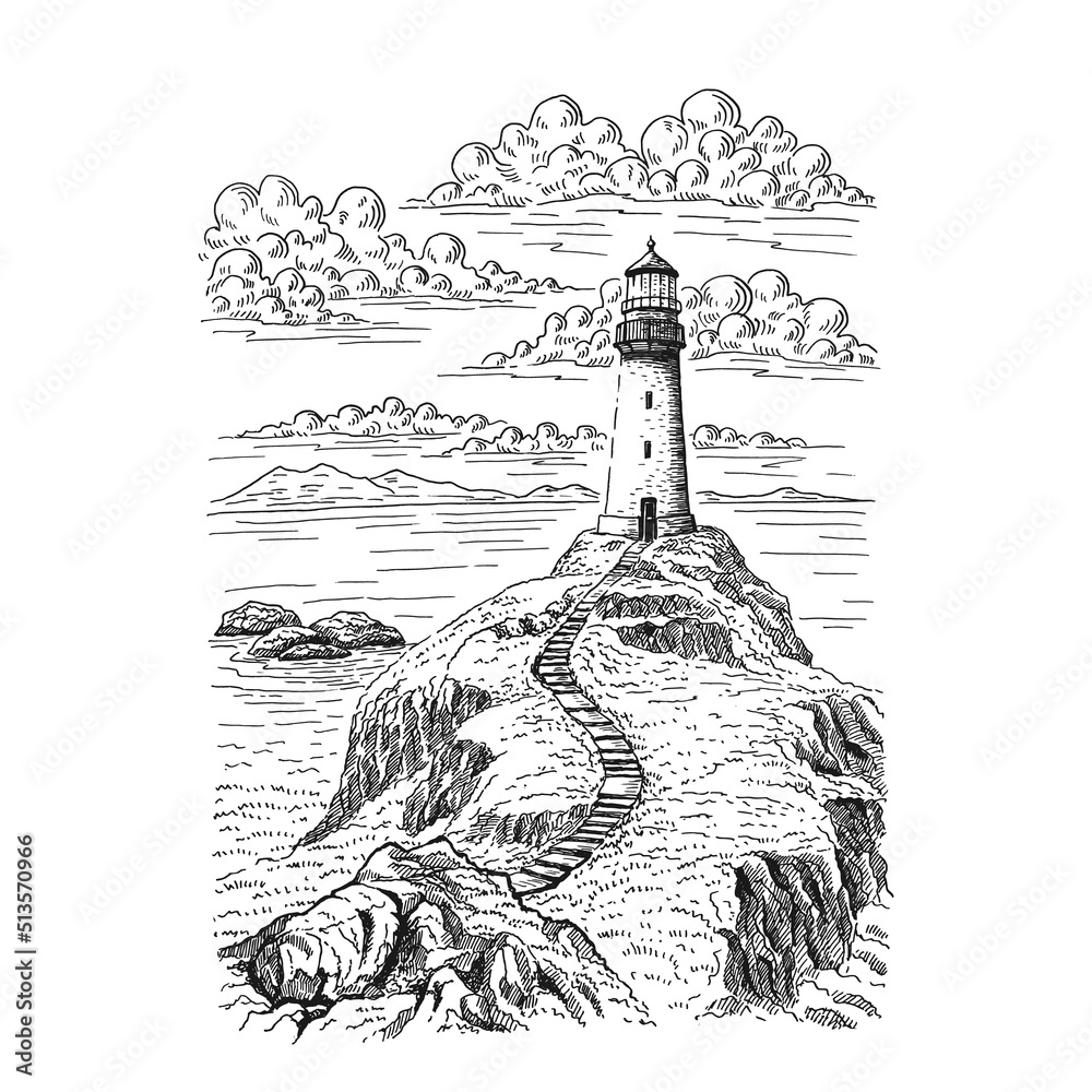 Fototapeta premium Seascape. Lighthouse. Hand drawn illustration converted to vector. Sea coast graphic landscape sketch illustration vector.