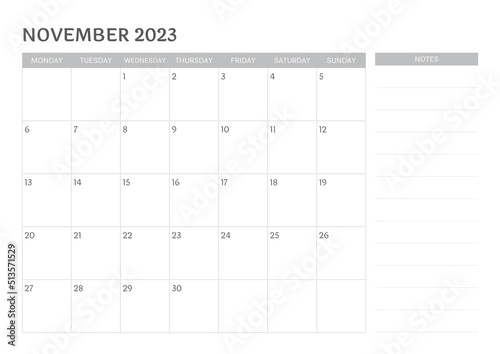 Design calendar November 2023 with notes