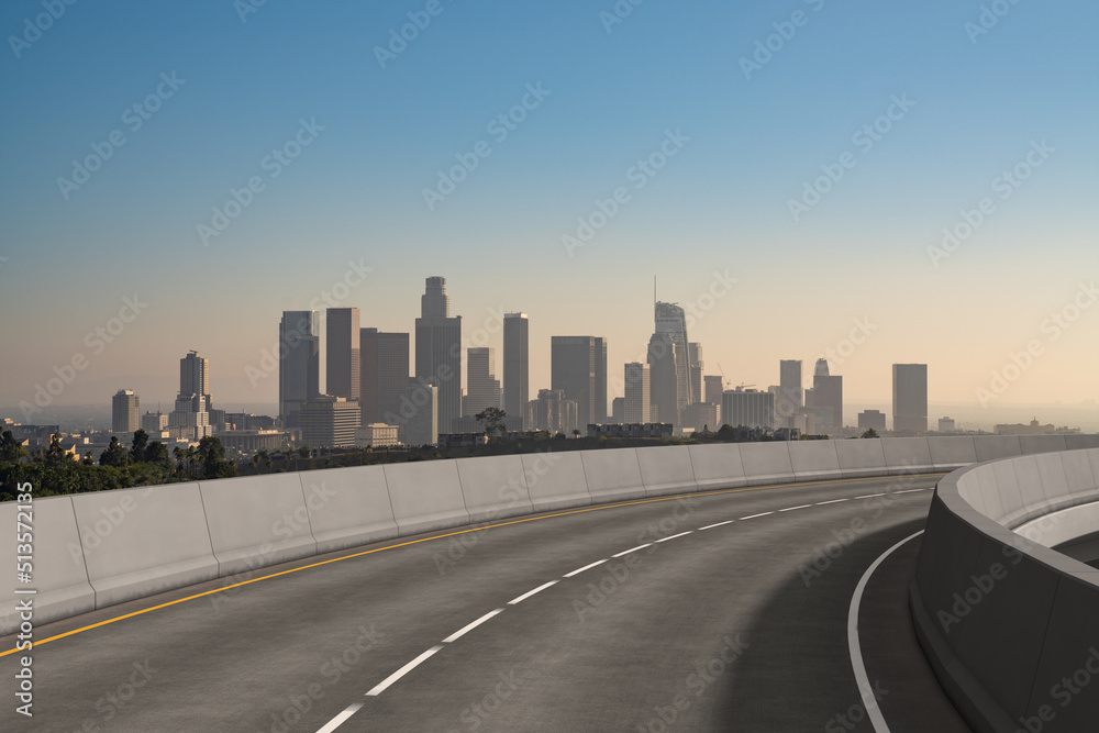 Empty urban asphalt road exterior with city buildings background. New modern highway concrete construction. Concept of way to success. Transportation logistic industry fast delivery. Los Angeles. USA. Empty urban asphalt road exterior with city buildings background. New modern highway concrete construction. Concept of way to success. Transportation logistic industry fast delivery. Los Angeles. USA.