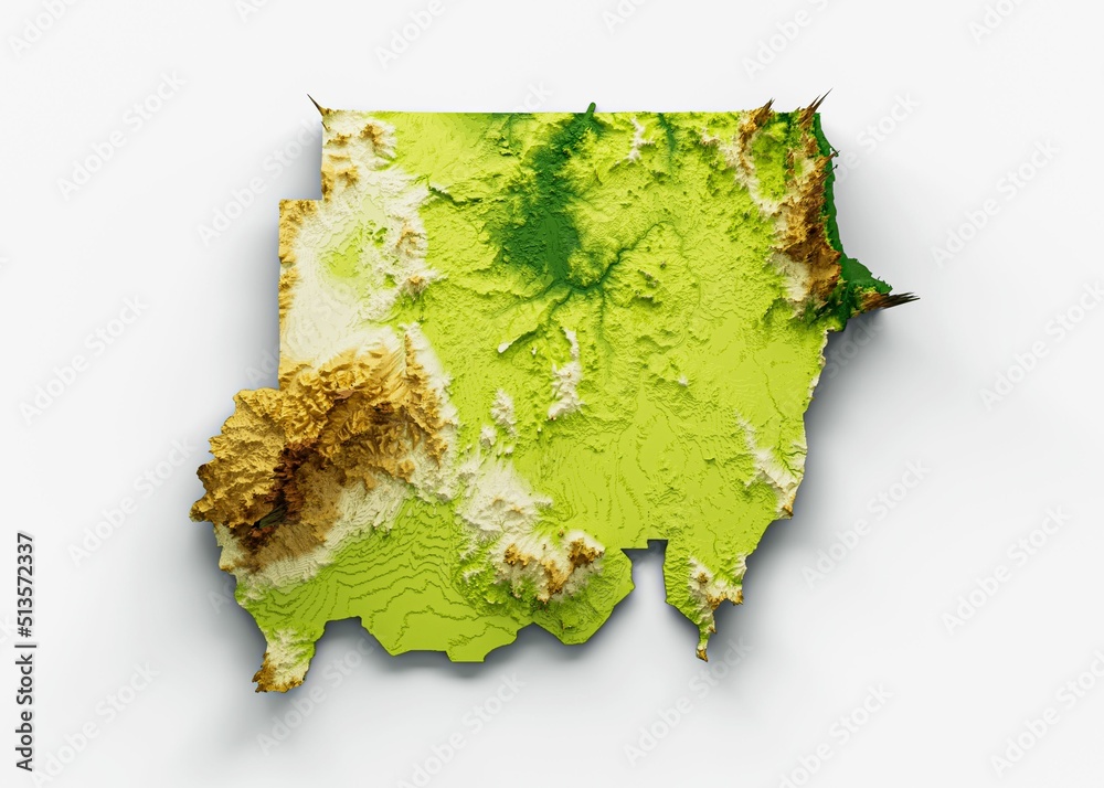 3D illustration of the Sudan map shaded with colorful relief on a blue ...