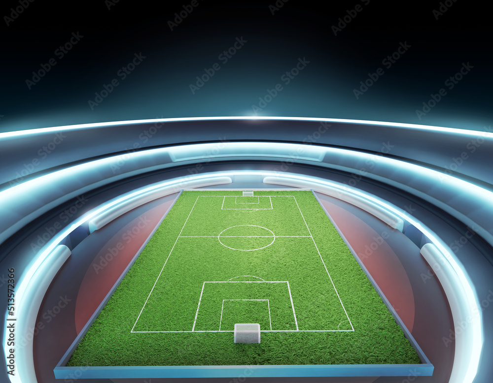 Soccer stadium, empty green grass field, 3D Rendering, 3D illustration