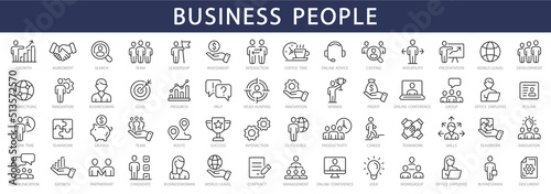 Business people thin line icons. Business people symbols. Businessman, Businesswoman, Management, Teamwork. Vector