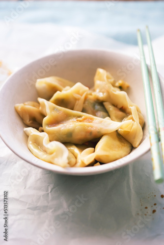 Gyozas Japanese with vegetables and soy sauce 