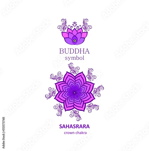 Buddha symbol beautiful rose and violet lotus and Sahasrara Seventh crown chakra symbol with floral decoration for logo template, yoga center, Ayurveda, meditation. Mandala.