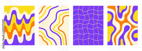 Retro set wavy abstract vertical backgrounds in style hippie 60s, 70s. Trendy collection groovy distorted checkered and waves templates. Yellow, orange and purple colors. Vector illustration