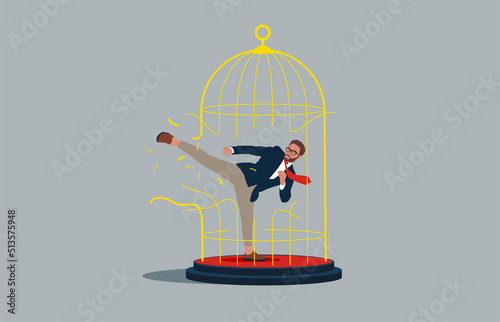 Businessman breaking out the large birdcage. Forbidden and freedom.