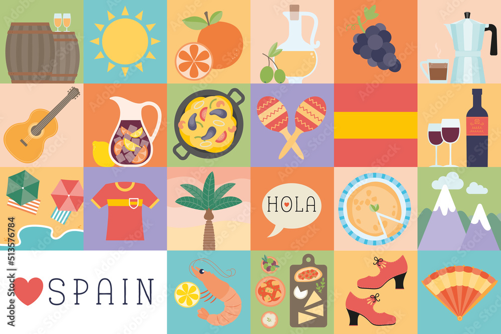 Spain icons vector flat design set. Isolated graphics of Spanish traditional symbols and objects for tourism, tourist, vacation, holiday, food, drink, activities