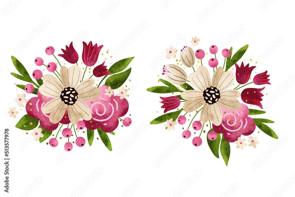 Watercolor blush floral bouquet clipart. Two beautiful compositions for wedding invitations or greeting cards. Floral arrangements isolated on white background.