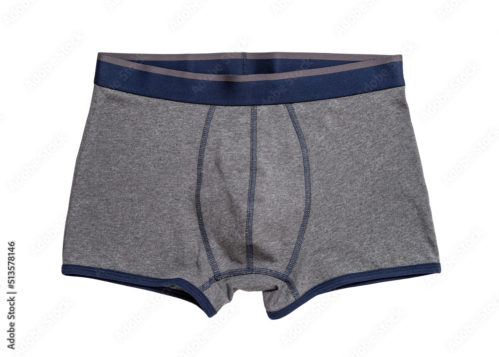 Foto Stock Mens gray boxers isolated on a white background. Male tight  underwear of cotton with elastane cutout. New grey boxer briefs. New clean  underclothes. Concept of modern men underpants. | Adobe