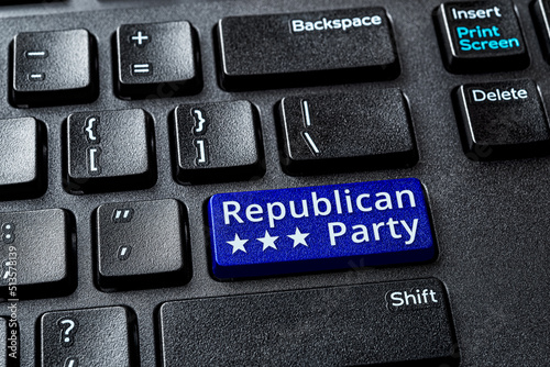 Republican Party blue key on a decktop pc keyboard. United States elections and politics concepts. Voting online for Republican Party. Republican Party word message on a laptop enter key. photo