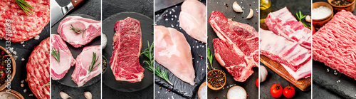 food collage of various types of fresh meat on stone background, top view