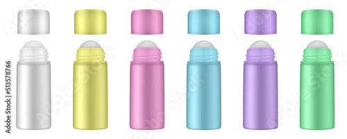 Set of roller ball bottles. Body antiperspirant deodorant roll-on, open blank bottles with screw cap. Realistic vector mockup. Roller Applicator. White, yellow, pink, blue, purple and green containers