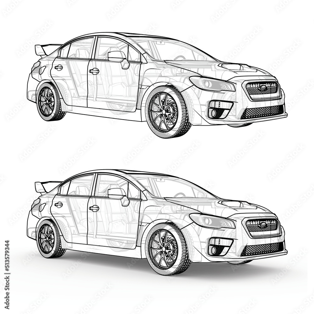 Naklejka premium Car sketch. Black contour sketch detailed car isolated on white background