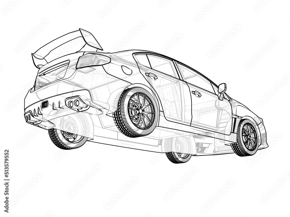 Naklejka premium Car sketch. Black contour sketch detailed car isolated on white background