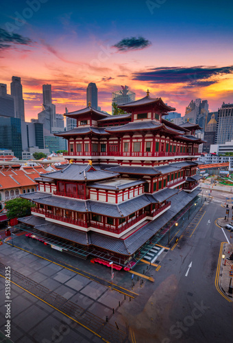 Buddha Tooth Relic Temple at sunrise in China town, Singapore. photo