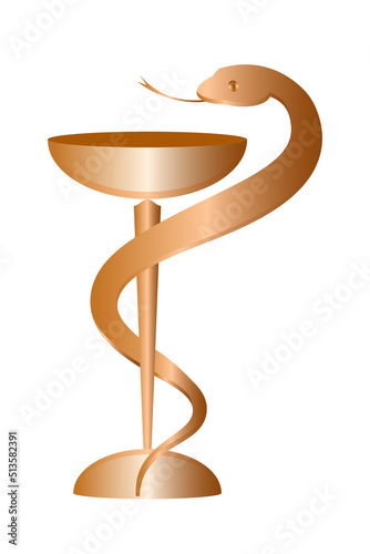 Bowl of Hygeia icon isolated on white background. Snake and a bowl pharmacy icon. Symbol of pharmacy, medicine, pharmacy and hospital. Metallic Copper color vector illustration