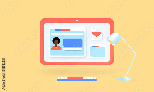 Work place with computer screen with web windows. 3d vector illustration. Office desk, computer, keyboard, lamp. Online search