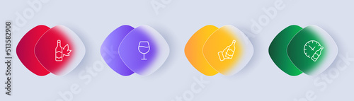 Alcohol set icon. Bottle, glass, leaf, wine, grape, clock, time, aging, restaurant. Drink concept. Glassmorphism style. Vector line icon for Business and Advertising