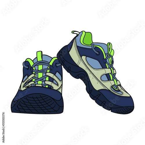 Hand drawn adventures shoes boots, trekking sneakers, gym shoes. Color doodle vector illustration.	
