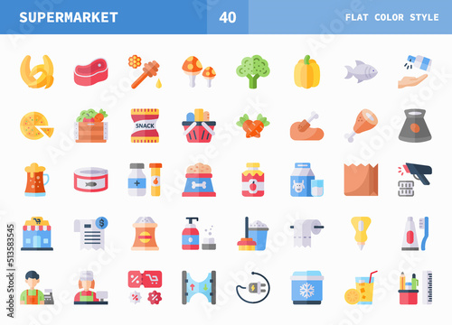 Supermarket icons set. Flat color set of vector. Can used for digital product, presentation, UI and many more.