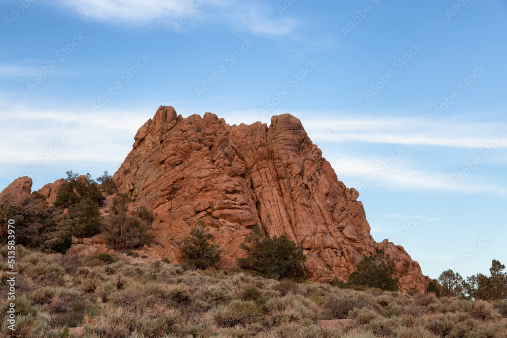 Dry rocky desert mountain landscape with trees. Sunny Sunset Sky. California, United States of America. Nature Background.