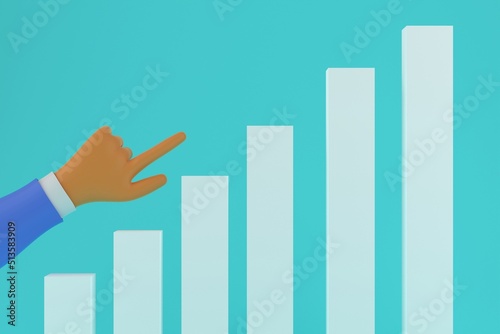 Growth chart and cartoon businessman hand. turquoise background. Business coaching concept. 3d render