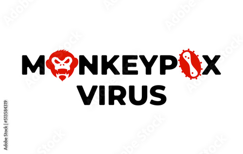 Monkeypox virus inscription concept. Monkey pox disease outbreak lettering with primat head and infection icon. Danger and public health epidemic risk medical poster. MPV MPVX dangerous pandemic. Eps photo