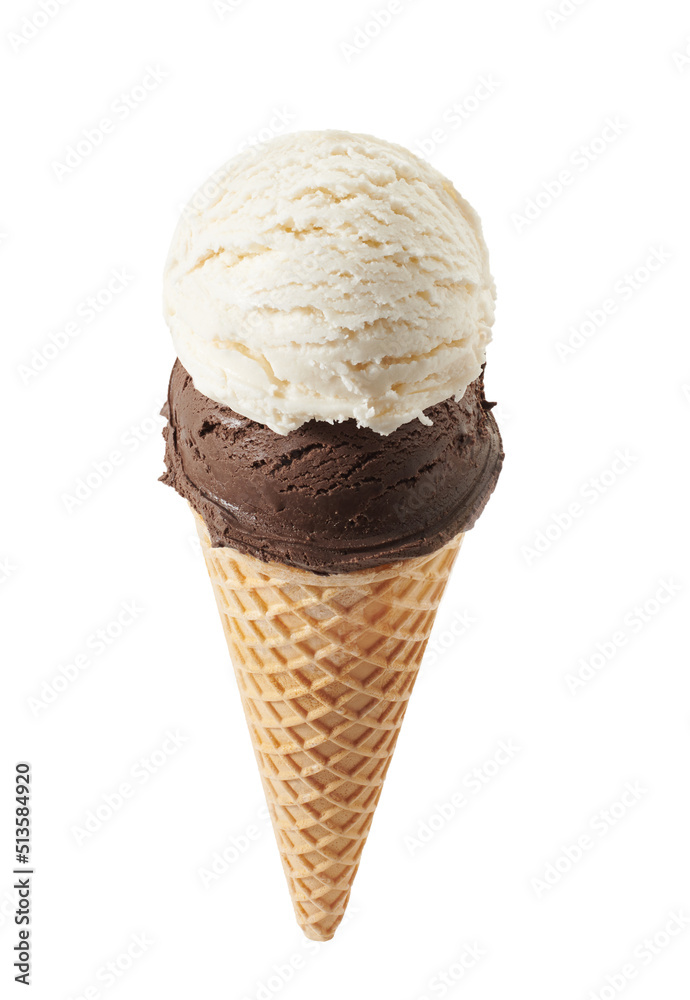 chocolate and vanilla ice cream with cone isolated on white chocolate and vanilla ice cream with cone isolated on white
