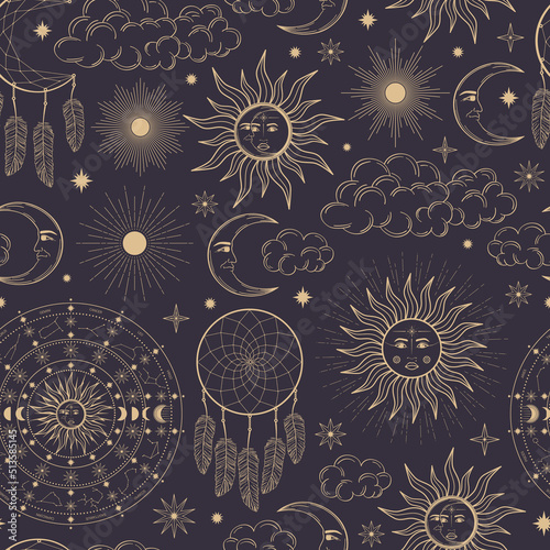 Hand drawn seamless pattern of Sun, Moon, sunburst, dreamcatcher, constellation, feather, star. Celestial space vector. Magic space galaxy sketch illustration for wallpaper, wrapping paper