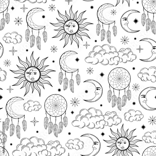 Hand drawn seamless pattern of Sun, Moon, dreamcatcher, feather, star, cloud. Celestial space vector. Magic space galaxy sketch illustration for wallpaper, wrapping paper