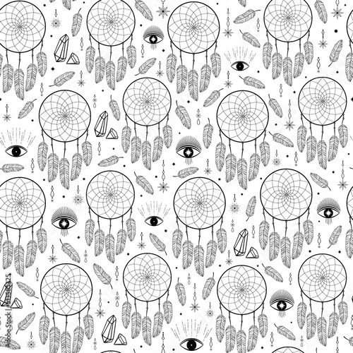Hand drawn seamless pattern of dreamcatcher, feather, star, eye, diamond. Bohemian talisman, boho ethnic style, magic tribal symbol. Vector sketch illustration for wallpaper, wrapping paper