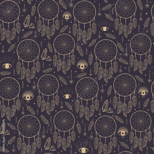 Hand drawn seamless pattern of dreamcatcher, feather, star, eye, diamond. Bohemian talisman, boho ethnic style, magic tribal symbol. Vector sketch illustration for wallpaper, wrapping paper